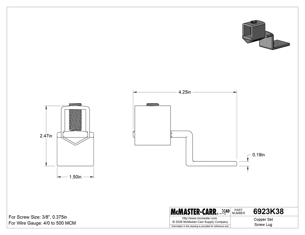 Technical Drawing of Copper Set Screw Lug, Offset, for 4/0-500 MCM Wire Gauge.